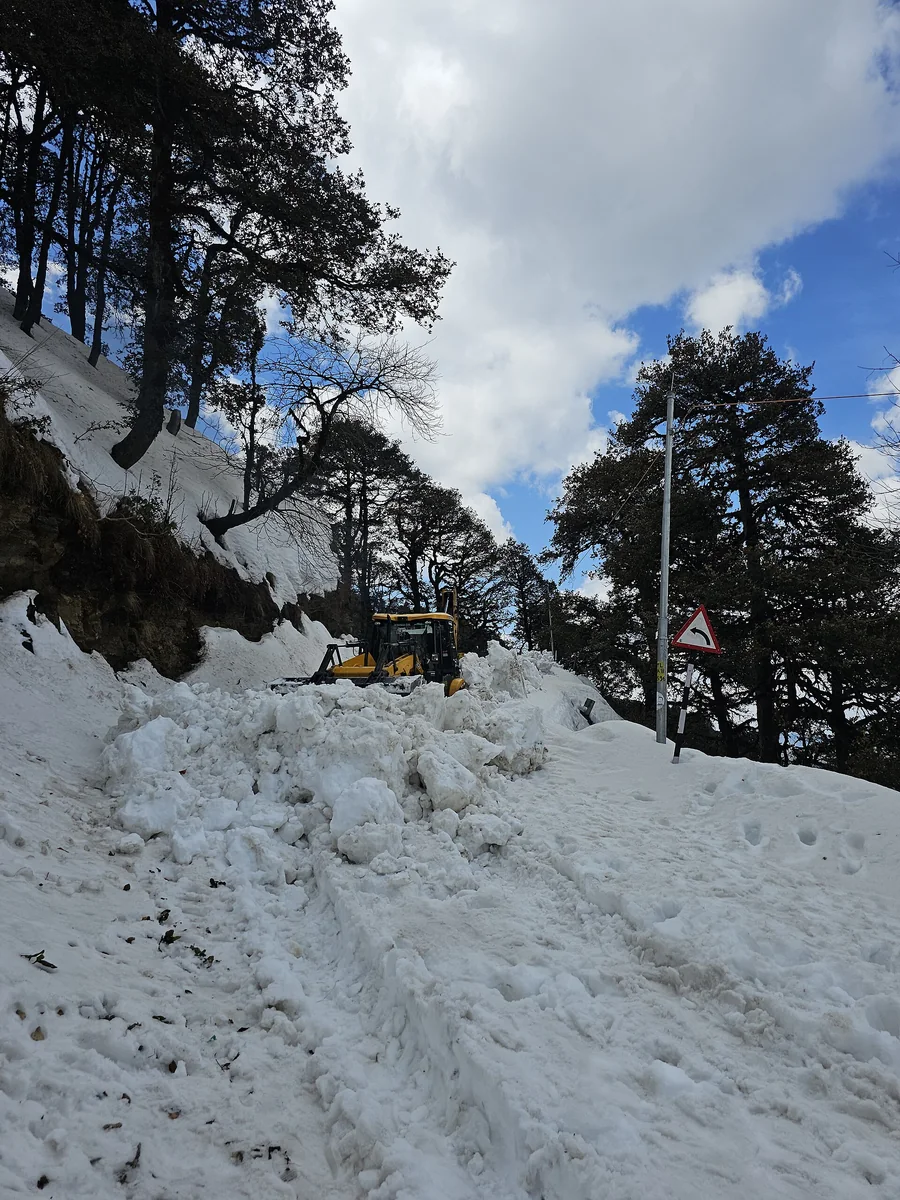 Snow on the slope and the trees above Jibhi
