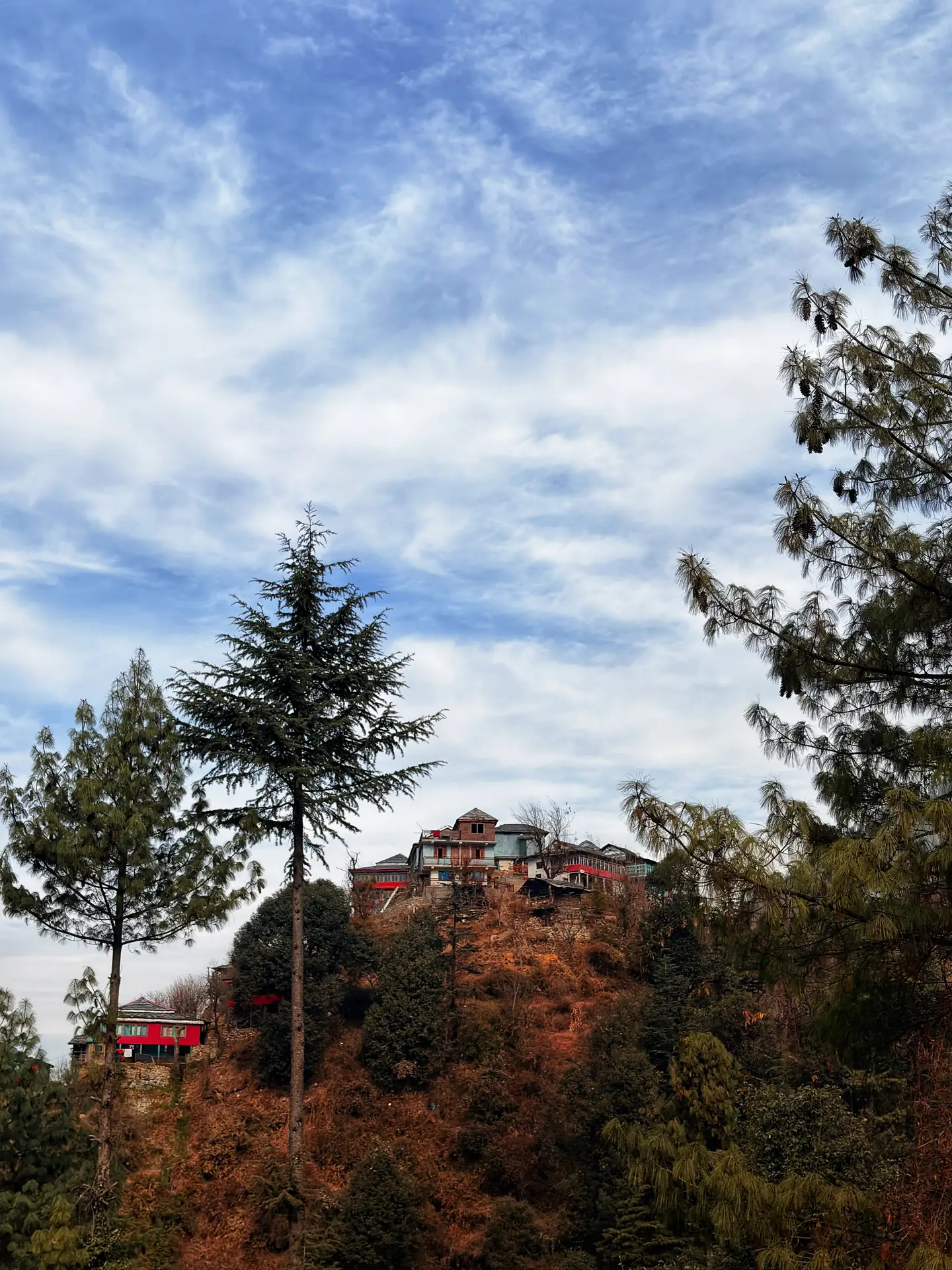 Wooden houses on the wooded hillside at Jibhi