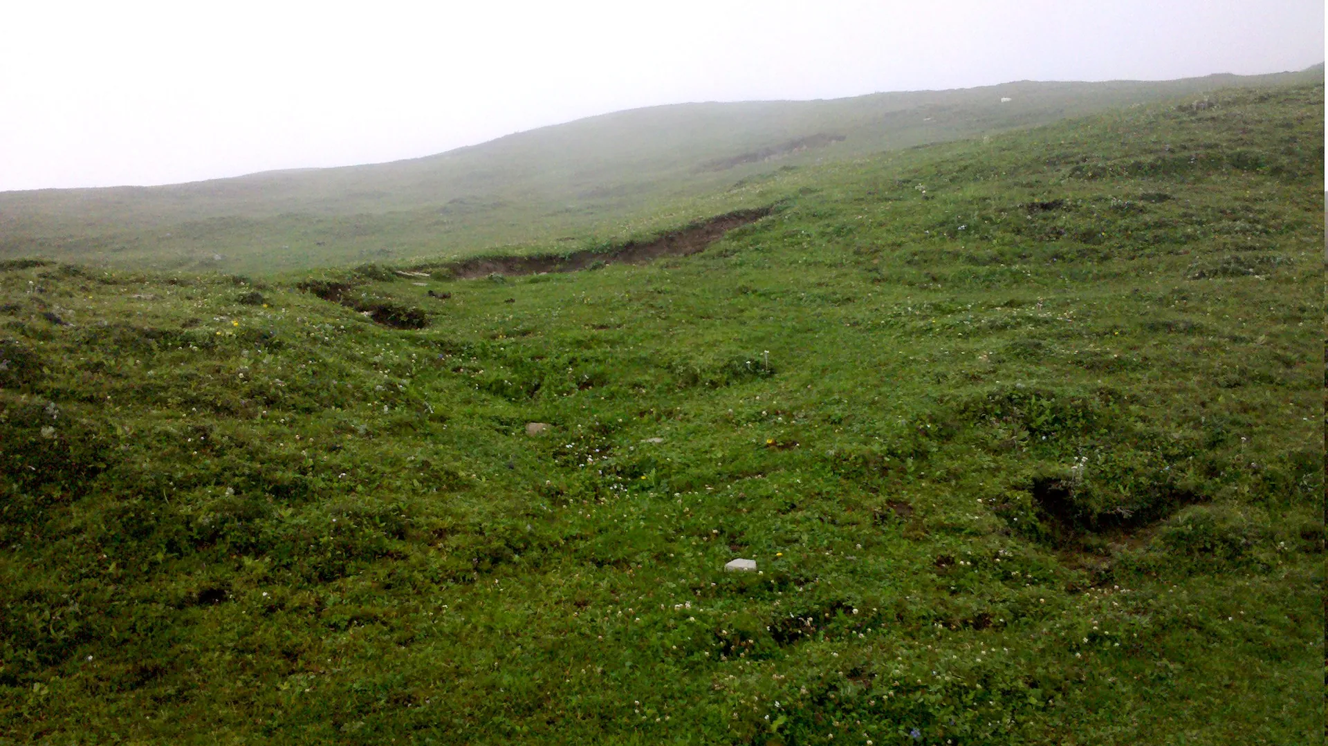 The grass slopes of Raghupur Garh under a pale sky