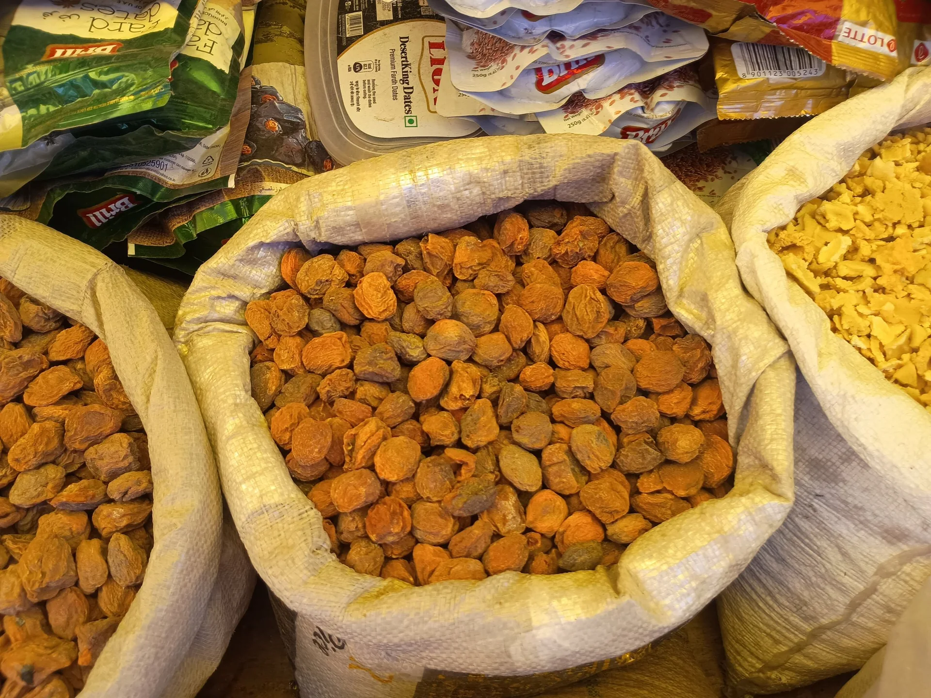 Dried apricots in an open sack