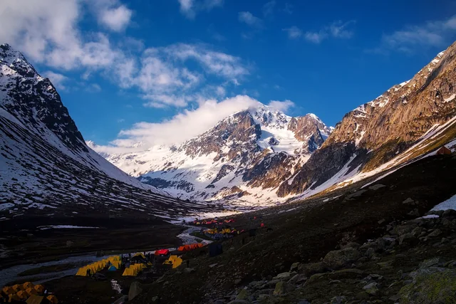 Camp at Shea Goru below the Hampta Pass, snow peaks behind