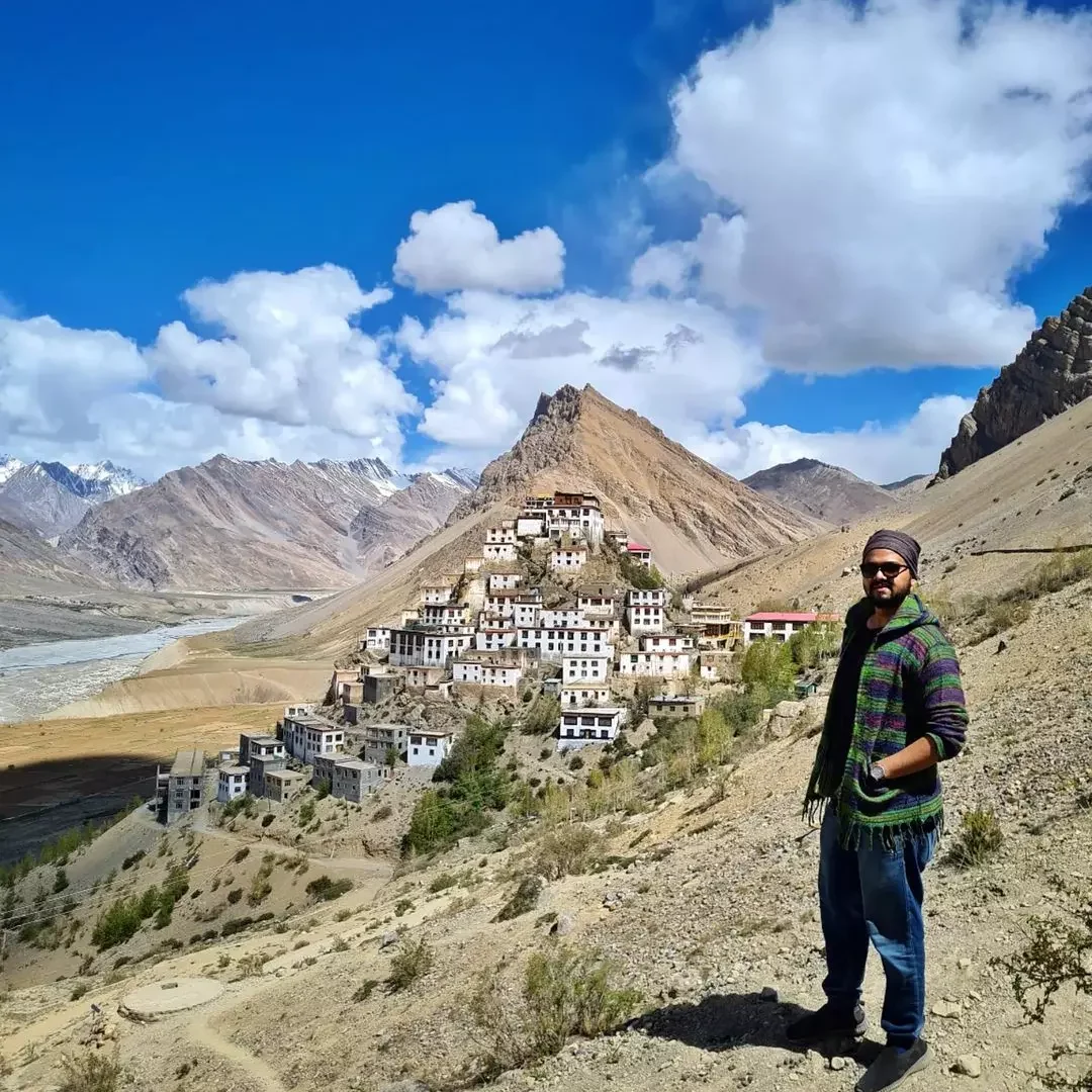 A traveller below Key monastery in Spiti