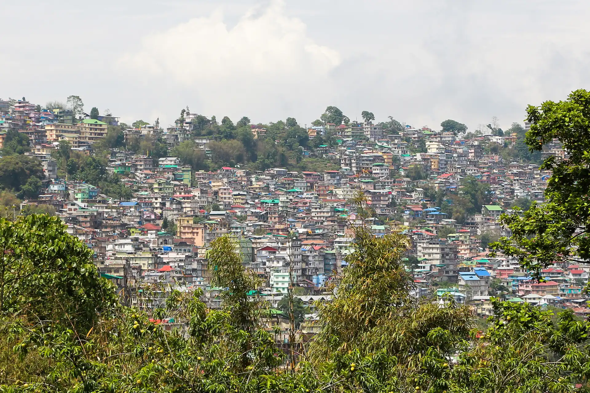 The houses of Kalimpong packed along a green ridge under a cloudy sky, seen across a valley
