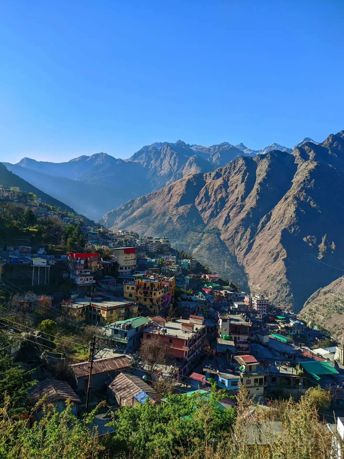 Joshimath's houses spread down a steep mountain slope above a deep valley