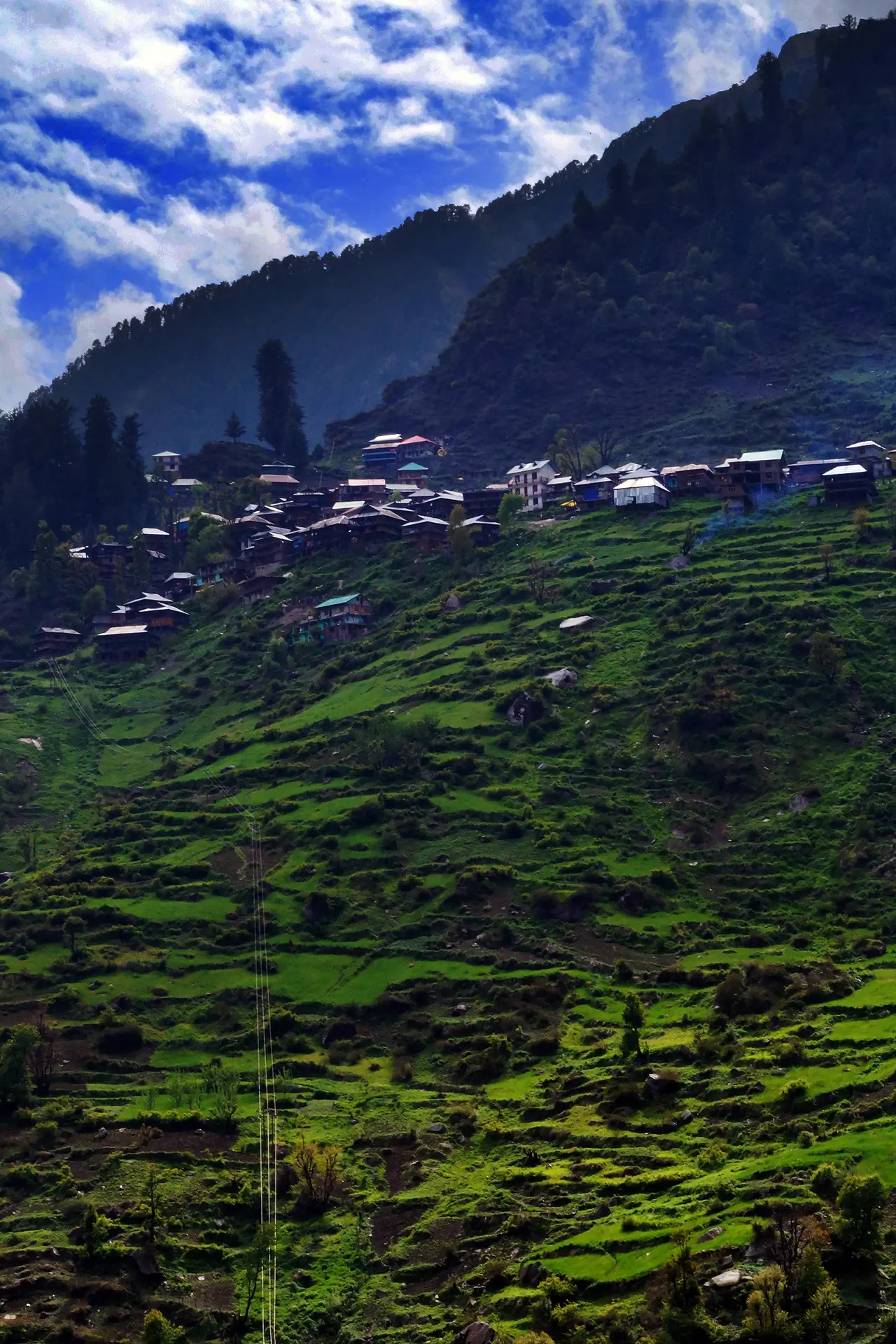 Malana village on its green slope high above the gorge