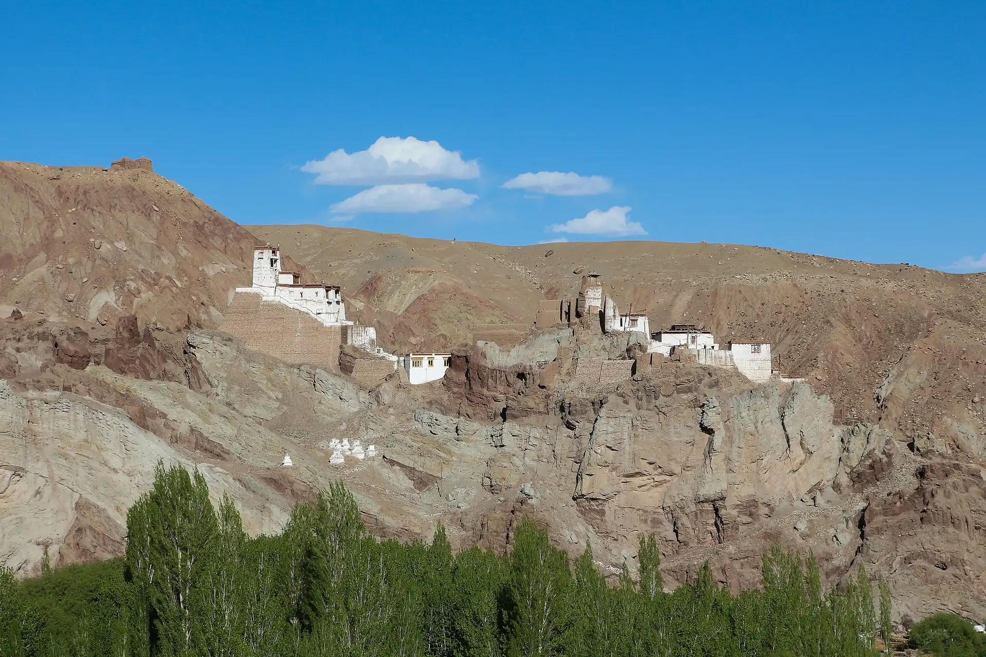 The white temples of Basgo Monastery on a ridge of eroded rock above a green valley under a blue sky with small clouds