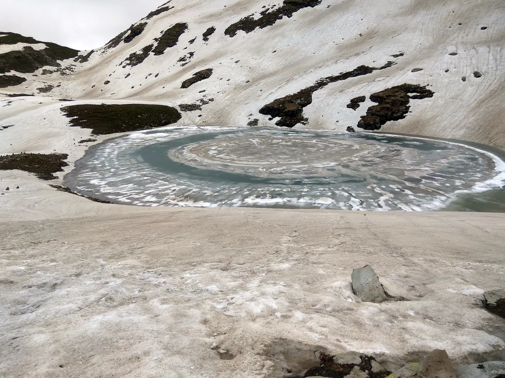 Bhrigu Lake half frozen in early summer