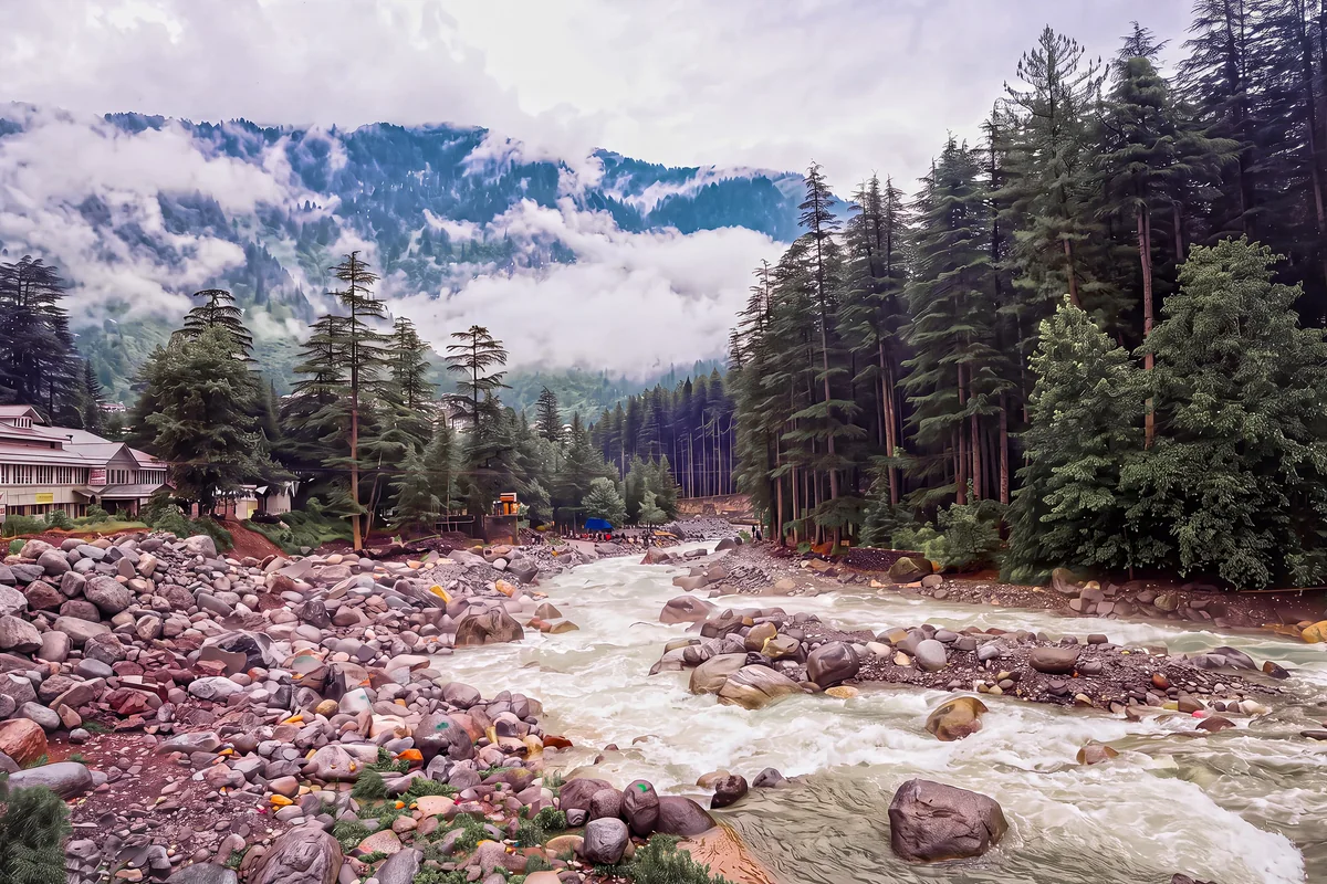 The Manalsu tumbling past Old Manali under deodars