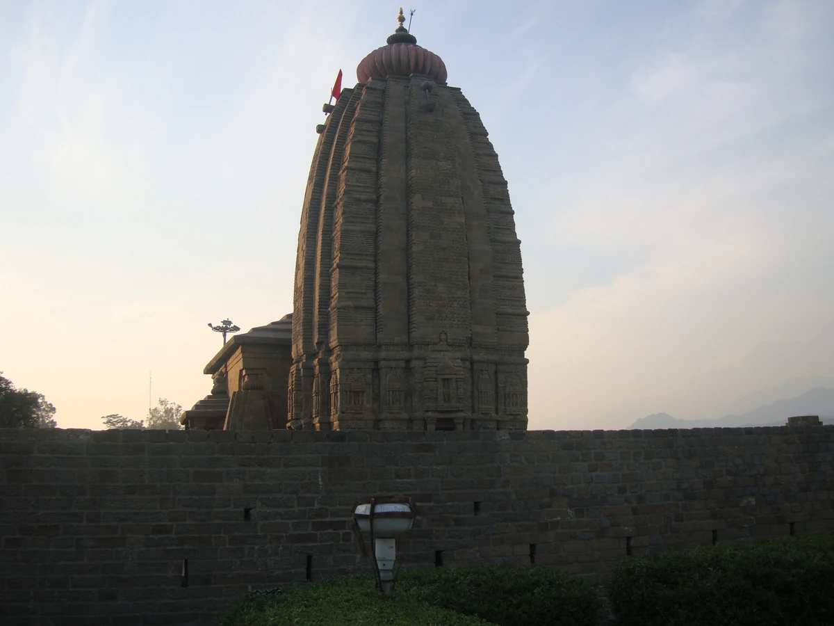 The stone tower of Baijnath Temple at dusk