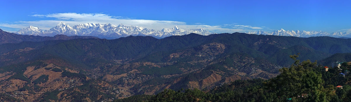 A wide panorama of forested ridges below a long line of snow-capped Himalayan peaks seen from Ranikhet