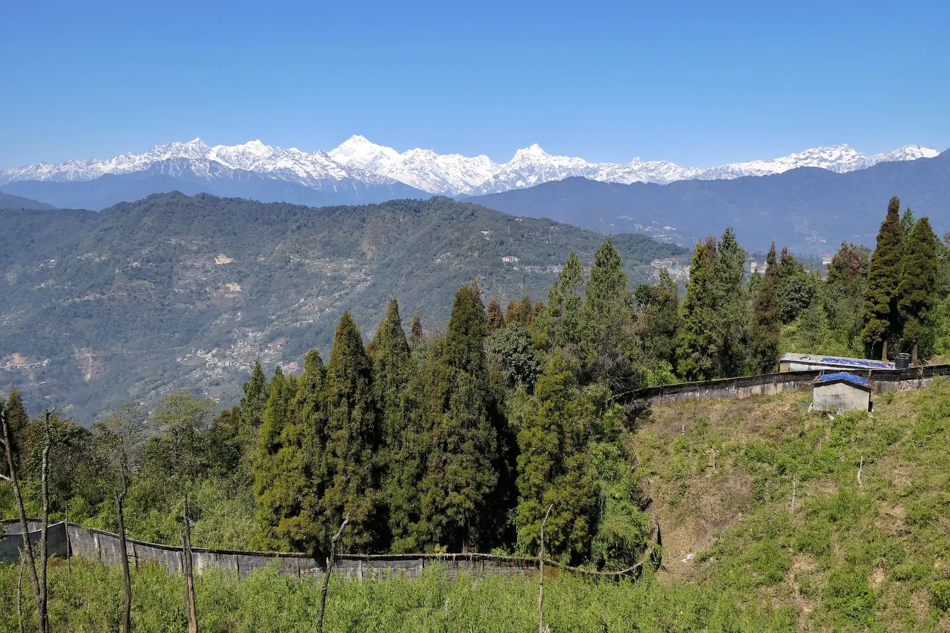A snow-covered range of peaks on the horizon above green forested hills and a hillside road, under a clear blue sky