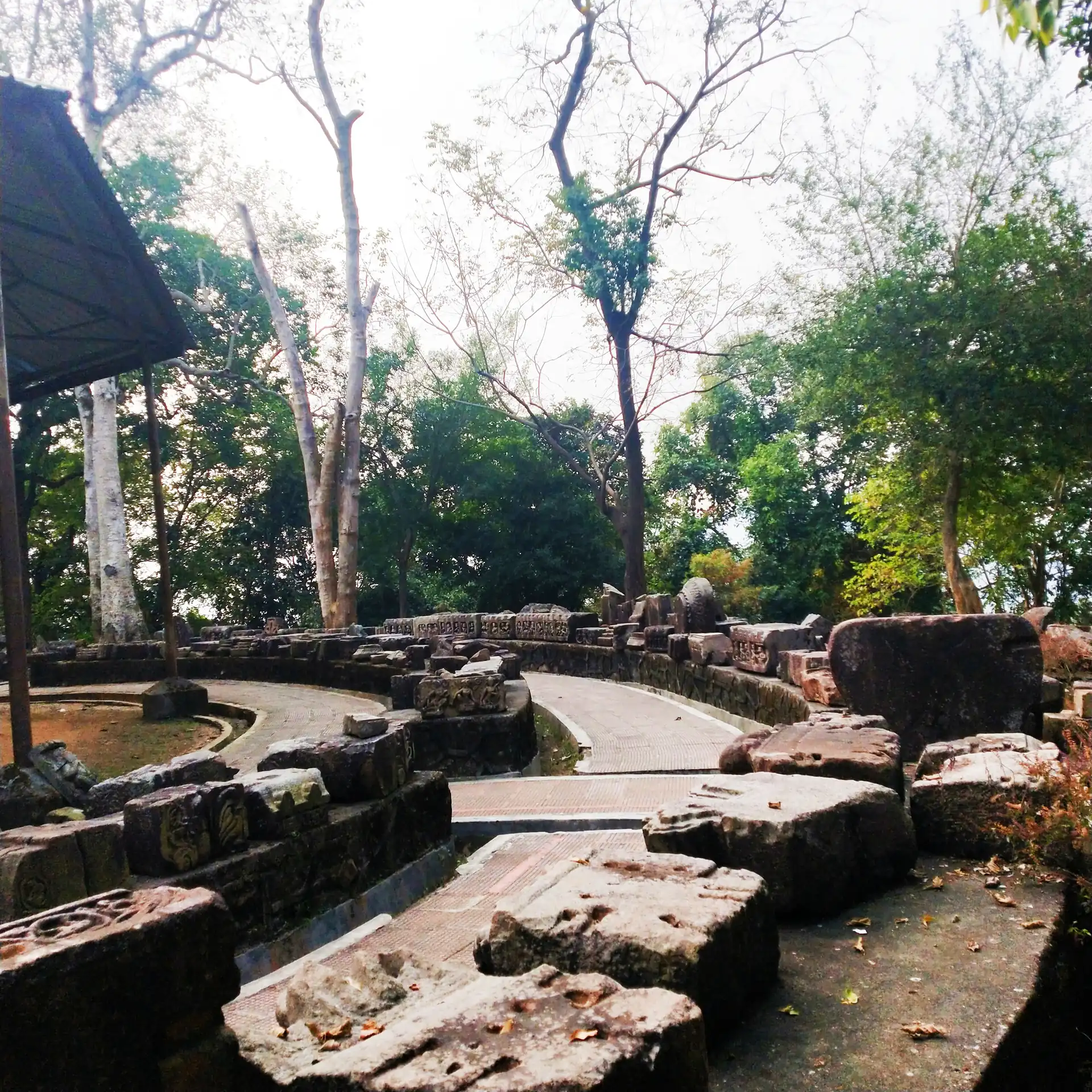 Weathered stone blocks and a sunken stone platform among trees at the Deopahar archaeological site