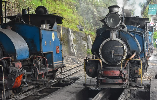 Two blue steam locomotives of the Darjeeling Himalayan Railway standing side by side on a hillside track