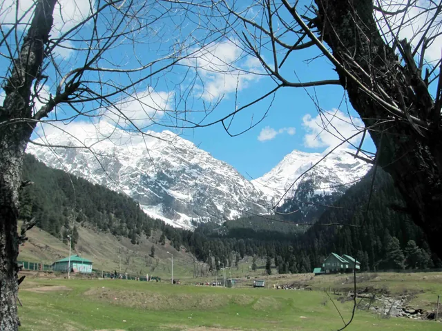 A green meadow with small huts below snow-covered mountains seen through bare branches at Aru Valley in spring
