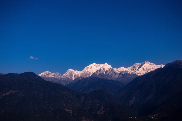 A snow-covered Kanchenjunga ridge turning pink at dusk over dark forested hills under a deep blue sky