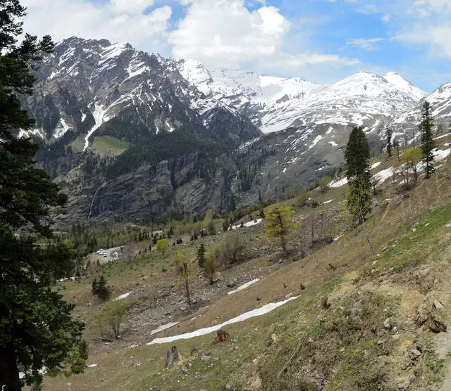 Gulaba's meadows below snow peaks in May