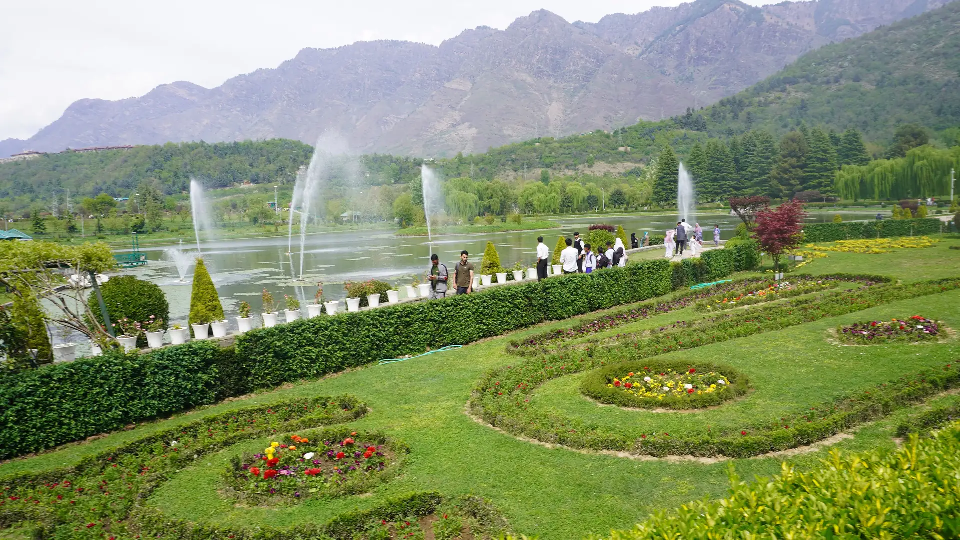 Clipped lawns and flower beds on terraces below fountains and green hills at Chashme Shahi