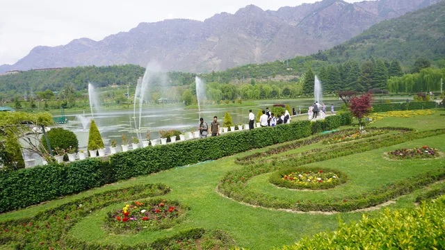 Clipped lawns and flower beds on terraces below fountains and green hills at Chashme Shahi