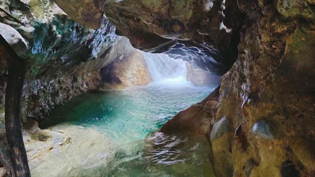A stream falling into a green pool inside a narrow rock gorge at Robber's Cave