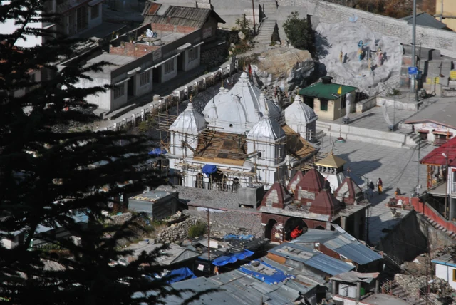 The white domed Gangotri temple and surrounding buildings seen from above among tall conifers