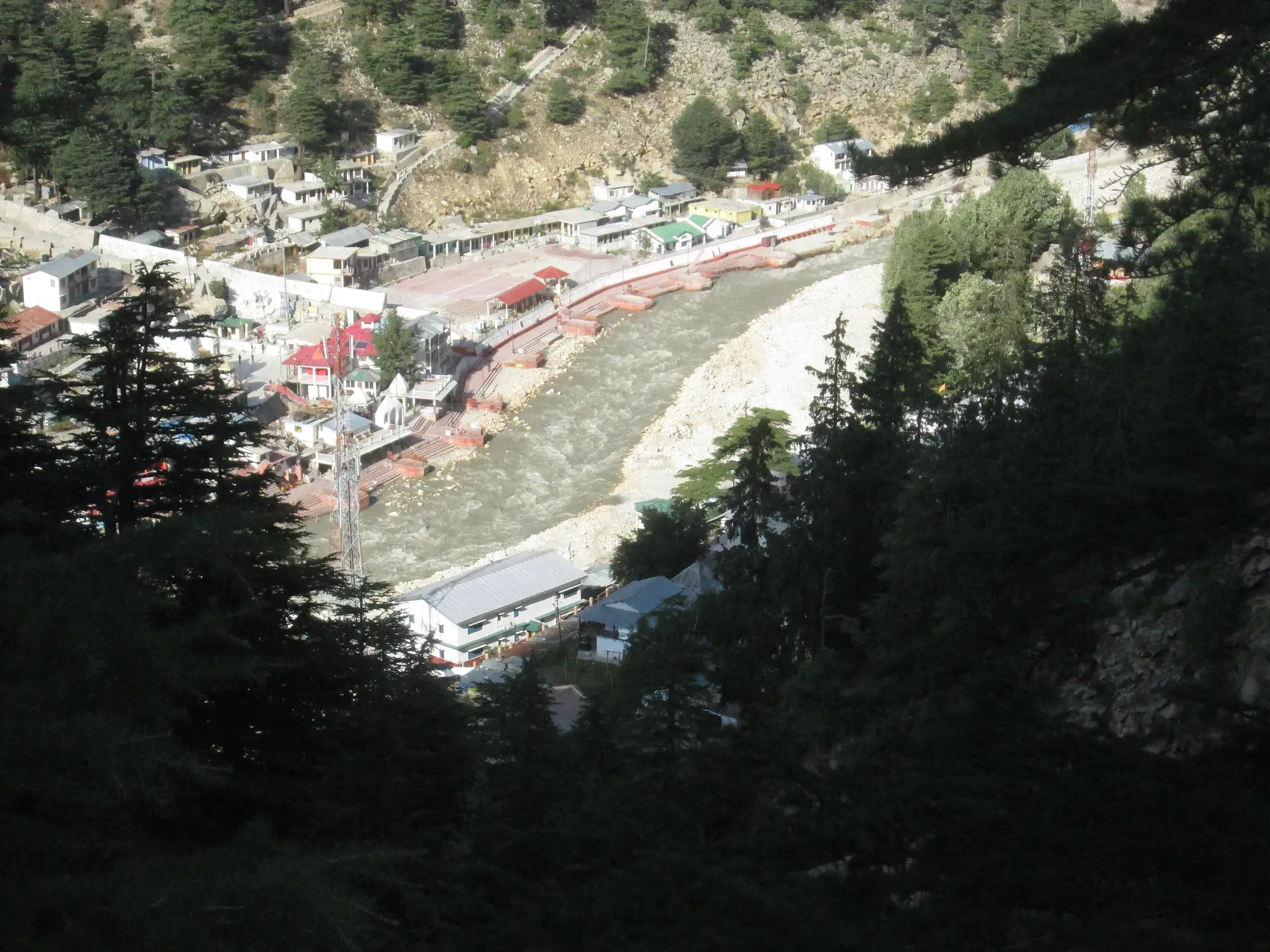 The pale Bhagirathi river running below the town of Gangotri between dark pine-covered slopes