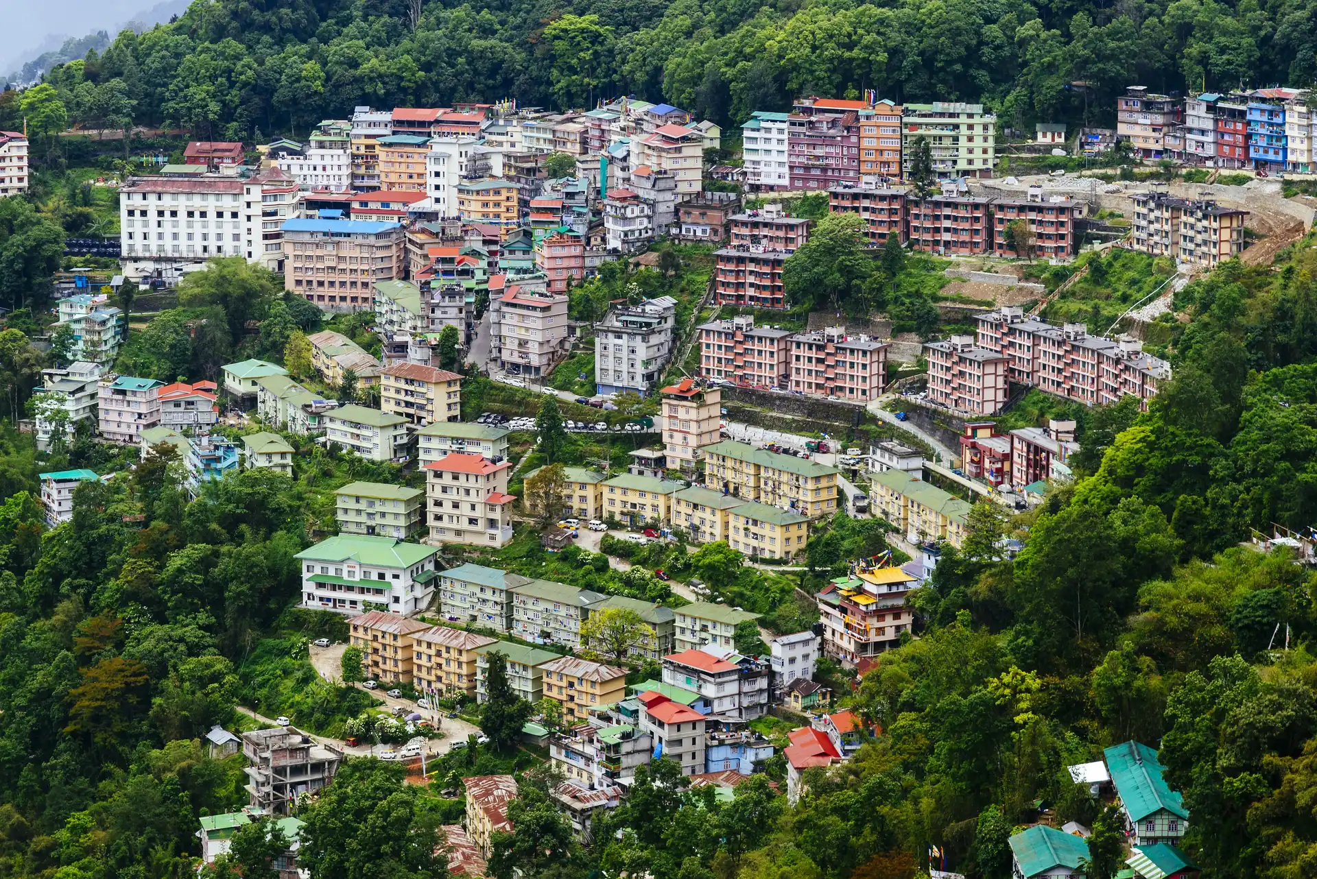 Pastel-coloured buildings of Gangtok climbing a steep, forested hillside, seen from a viewpoint across the valley