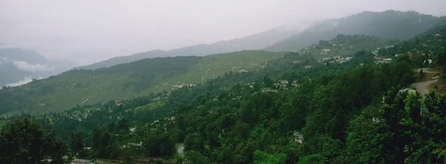 A wide view of green terraced hills and the scattered houses of Munsiyari under a hazy sky