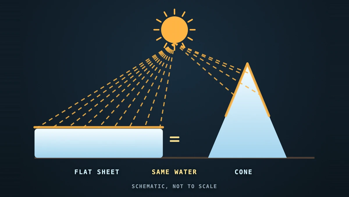 Drawing of the same water frozen as a flat sheet and as a tall cone, the sun striking the flat sheet across its whole top