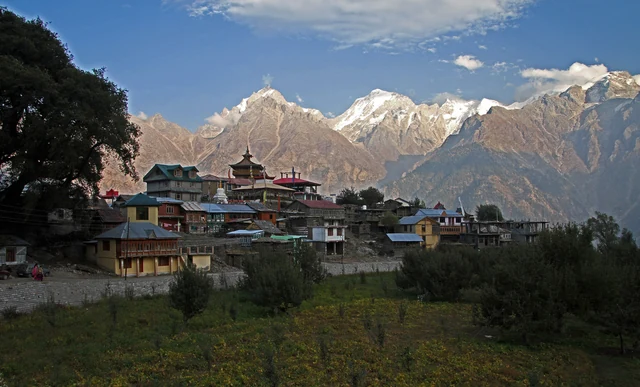 The snow-covered Kinnaur Kailash range above the houses of Kalpa