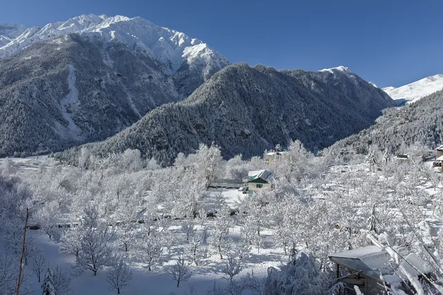 Apple orchards and wooden houses under fresh snow at Sangla, with white peaks above