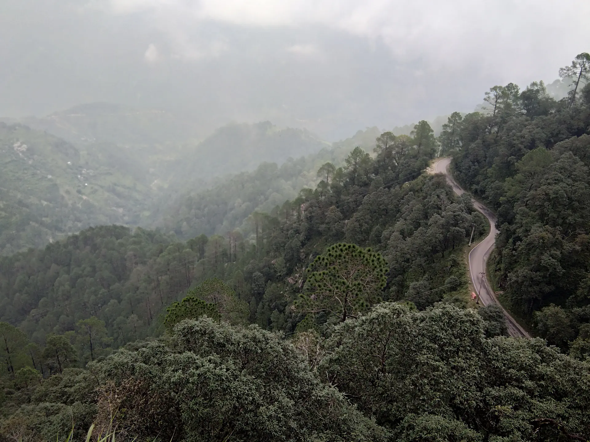 A hill road winding through dense green forest on a ridge, with monsoon cloud over the valleys beyond