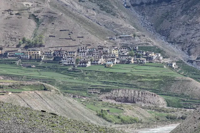 Mudh village, a cluster of white houses above green fields on the slope of the Pin valley in Spiti