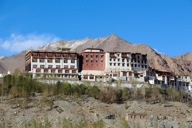 The tall white and red buildings of Phyang Monastery on a rocky rise, with poplars below and brown mountains behind