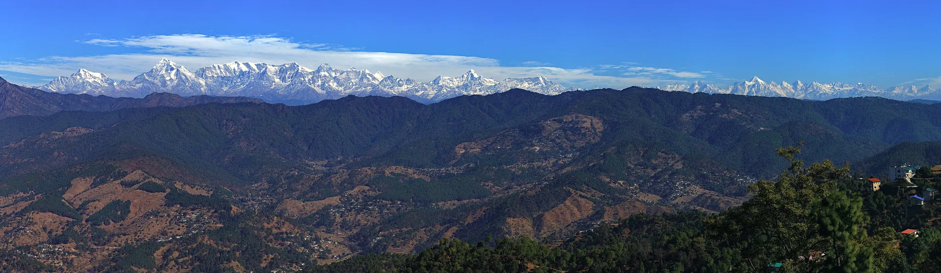 A wide panorama of forested ridges below a long line of snow-capped Himalayan peaks seen from Ranikhet
