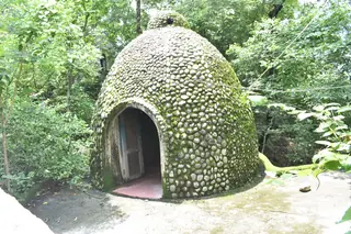 A beehive-shaped stone meditation dome with a dark doorway, half hidden among green trees at the Beatles Ashram