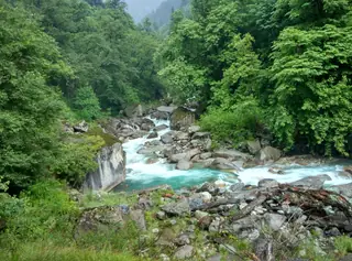 The Sainj river running clear over boulders