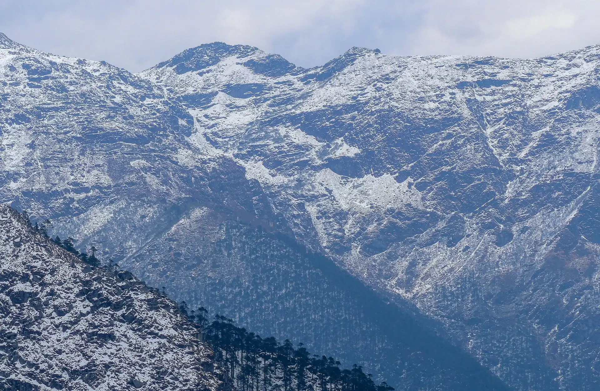 Rocky ridges dusted with snow above dark forested slopes, seen from Sela Pass under a pale sky