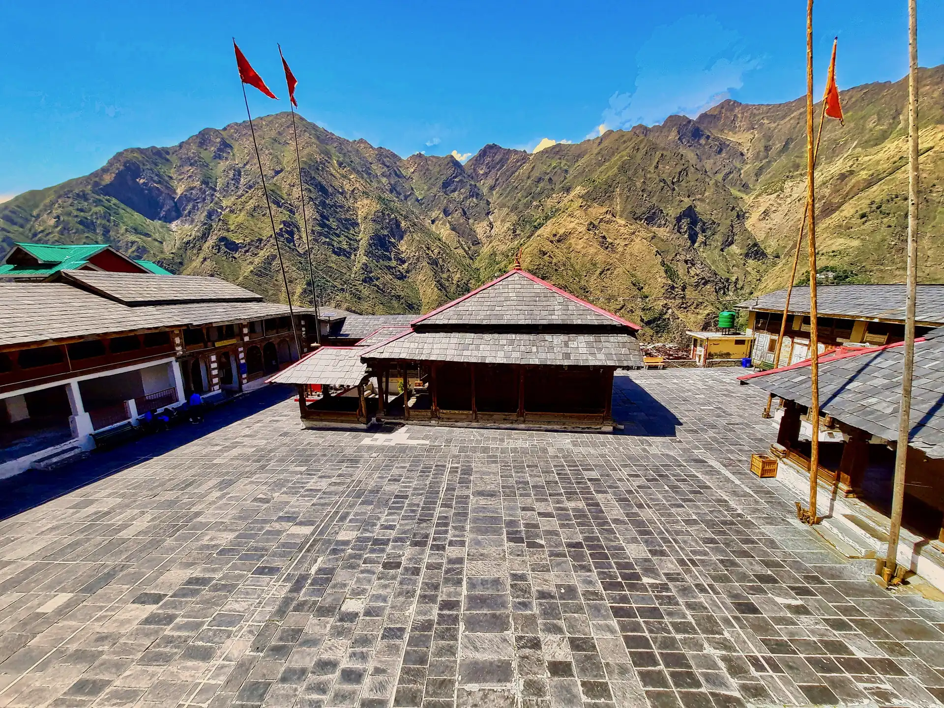 The courtyard and red-roofed shrines of Shakti Devi Temple at Chhatrari