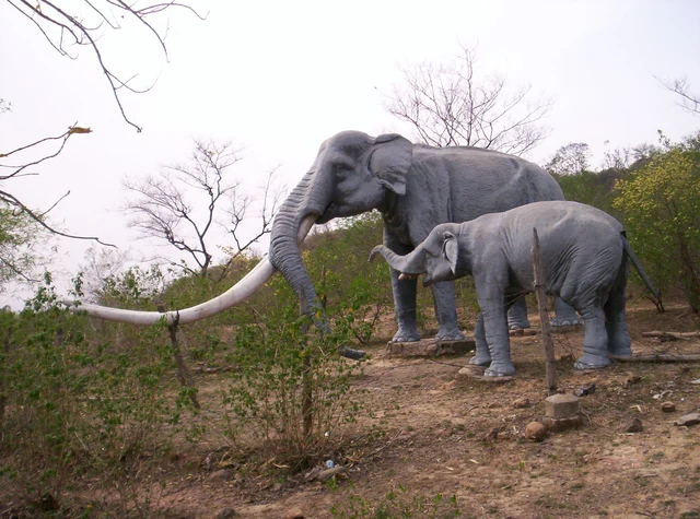 Life-size fibreglass models of extinct long-tusked elephants among trees at the Shivalik Fossil Park