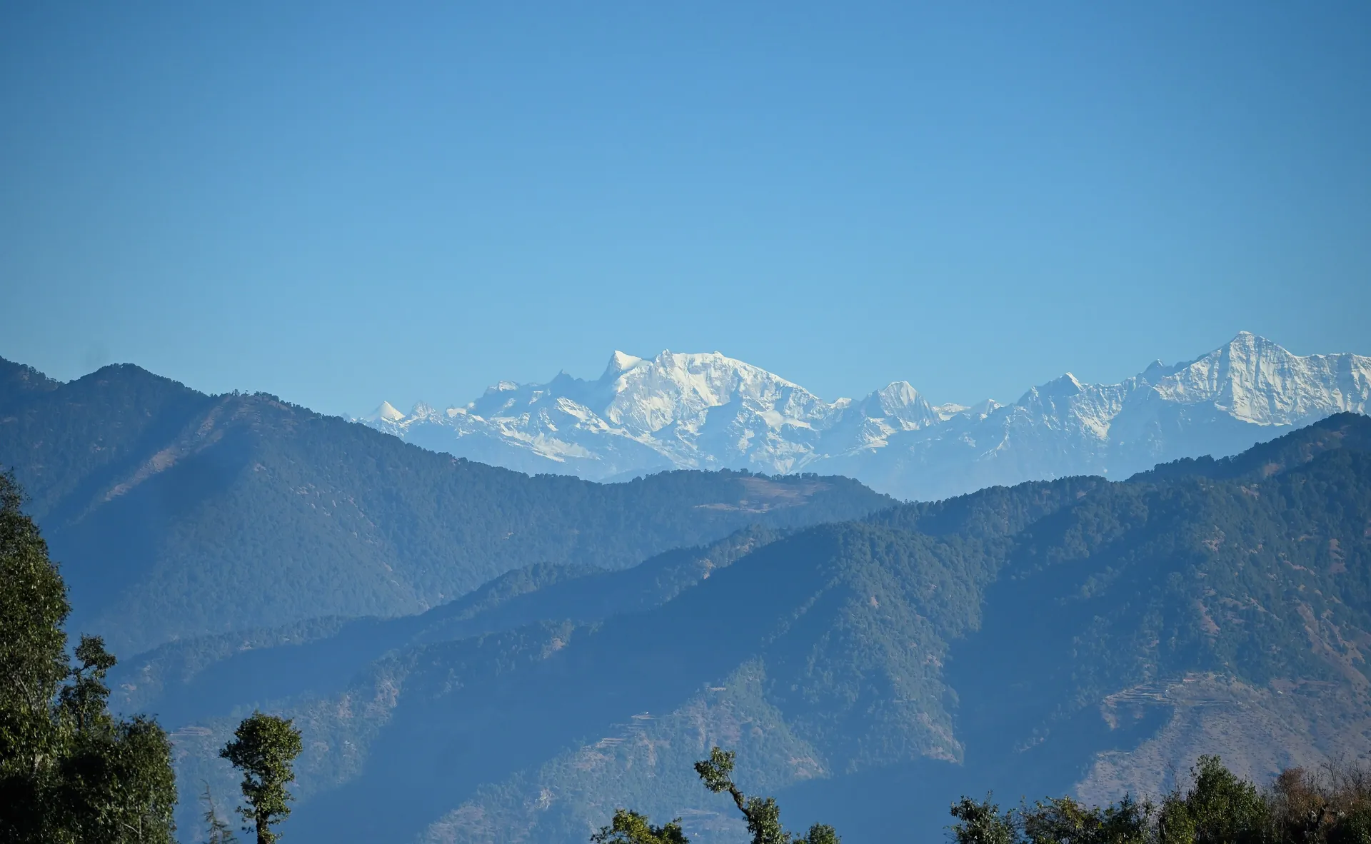 Snow peaks rising above layers of blue forested ridges, seen from Dhanaulti