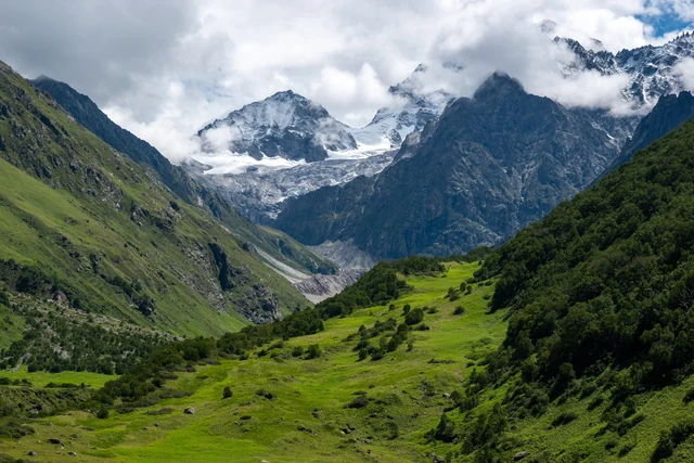 The green Valley of Flowers between steep forested slopes, with snow peaks and white clouds at its head