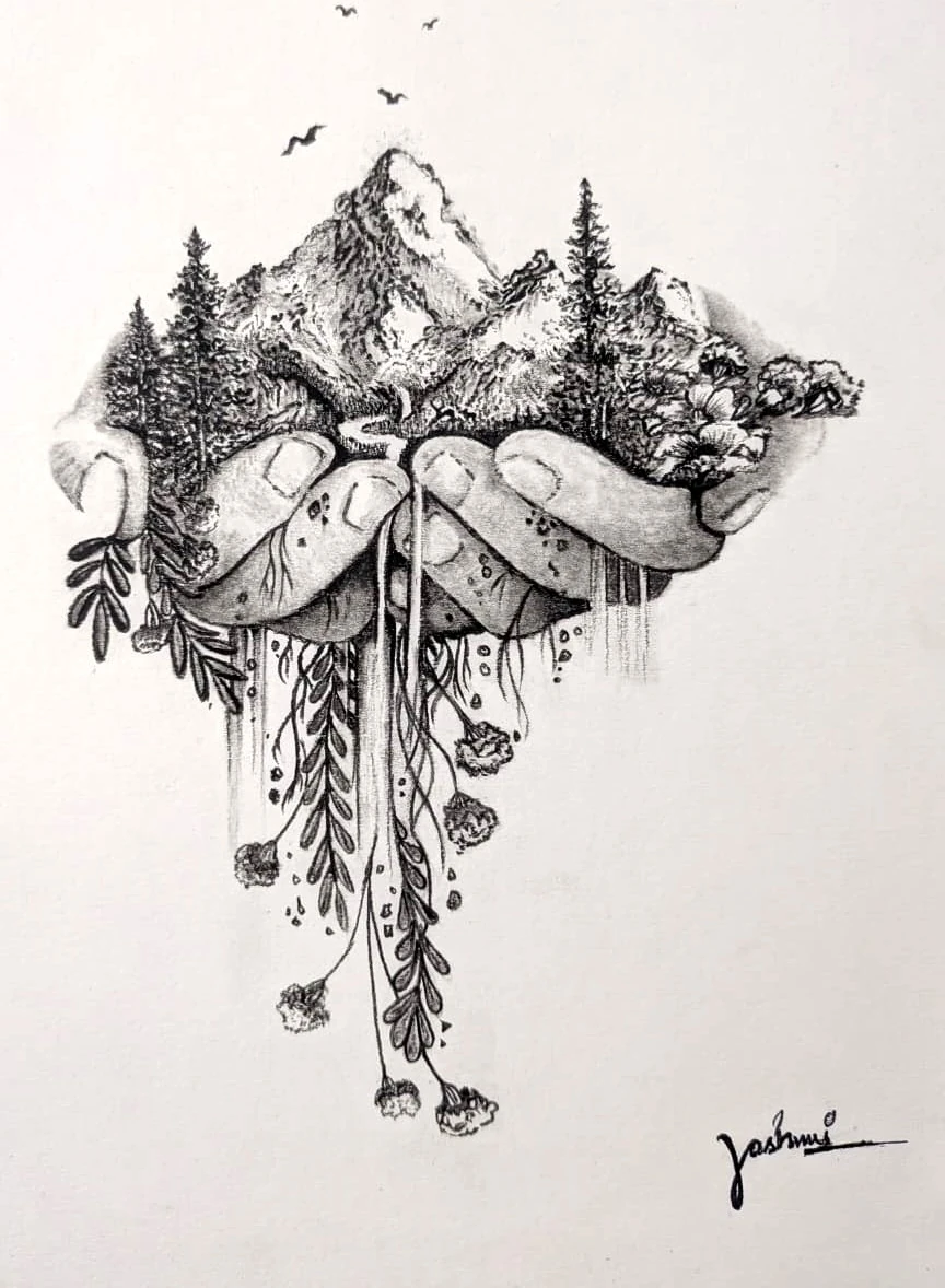 The Mountains We Carry — pen & graphite on paper
