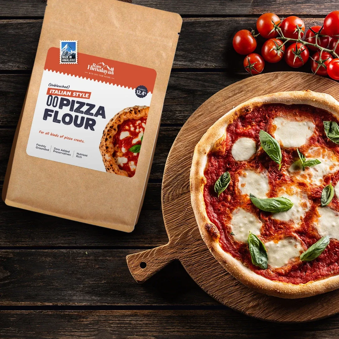 A margherita pizza on a wooden board beside a bag of Raw Himalayas 00 Pizza Flour