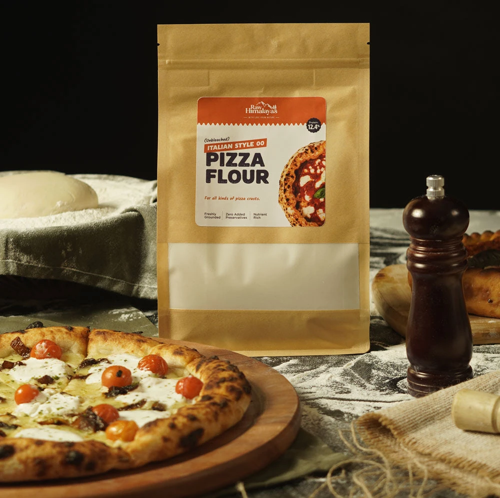 Raw Himalayas Italian-style 00 Pizza Flour with a baked pizza