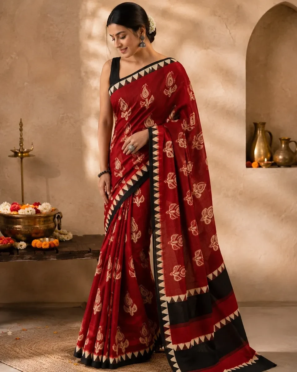 Ajrakh Linen Saree