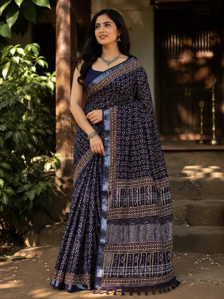 Navy Blue Ajrakh Saree (view 2 of 9)