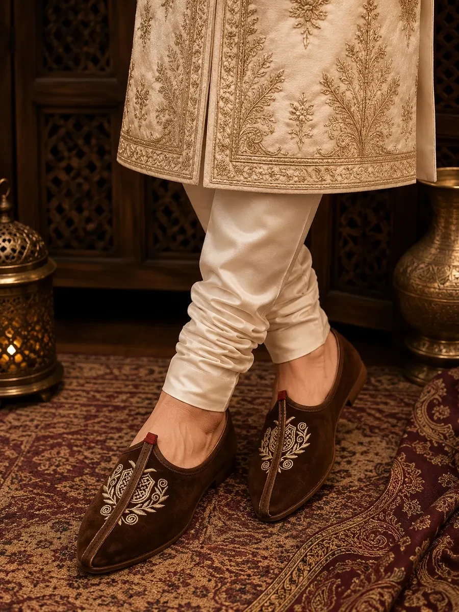Brown Suede Zardozi Mojari