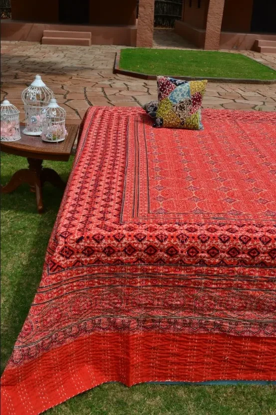 Handblock Ajrakh Print Kantha Work Bedspread – 90 x 108 Inch