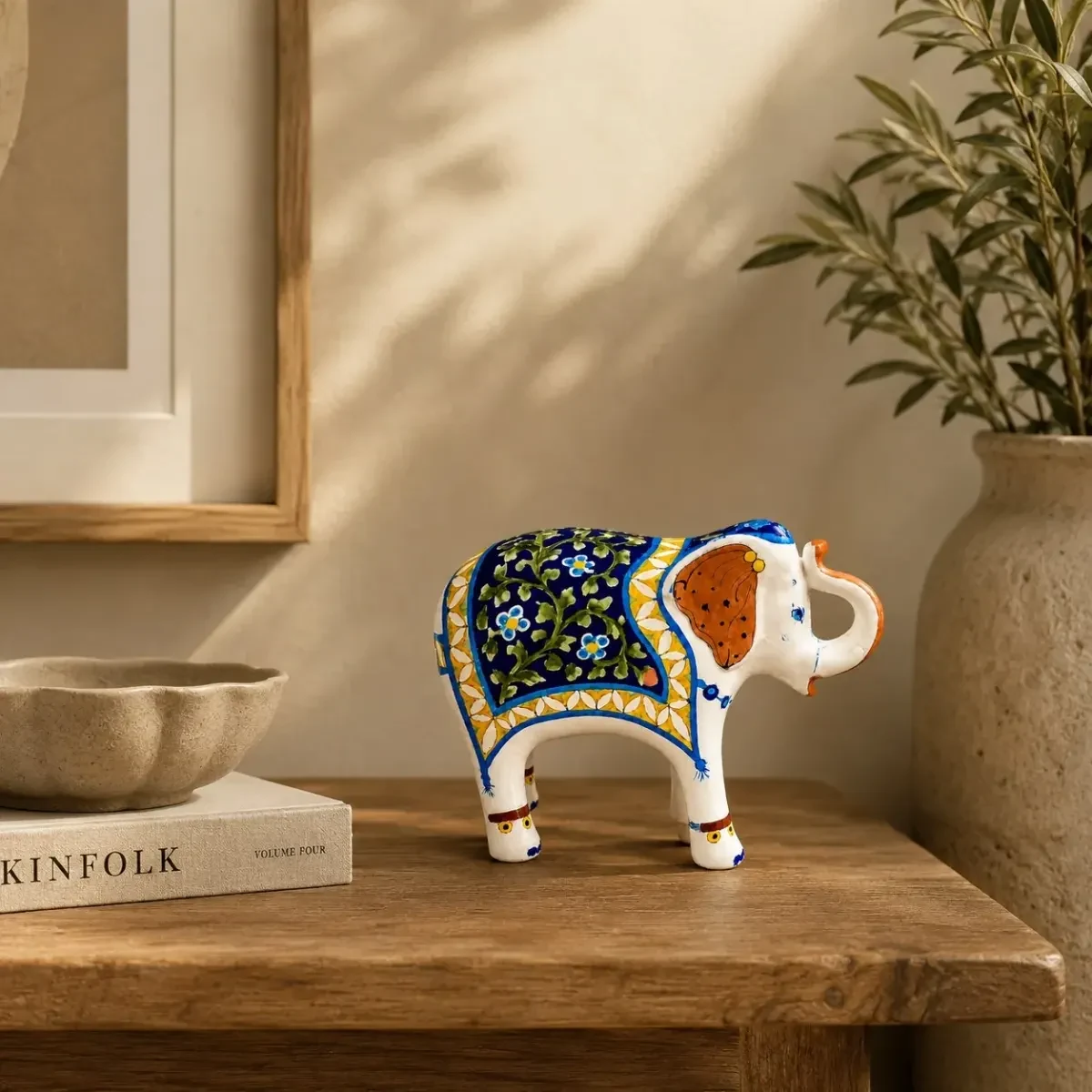 Handcrafted Blue Pottery Elephant Showpiece – 7 Inch