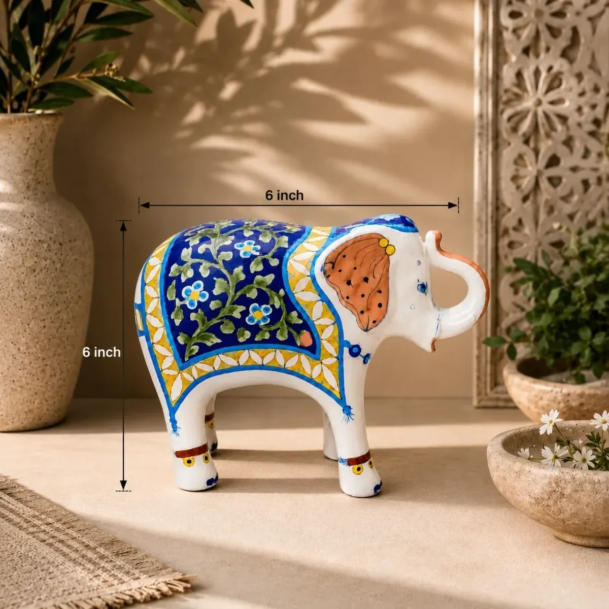 Handcrafted Blue Pottery Elephant Showpiece – 7 Inch